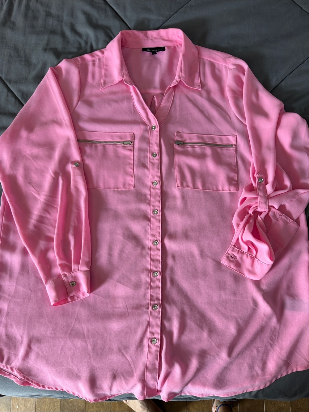 Women Light Pink Button-Front Blouse with Chest Pockets